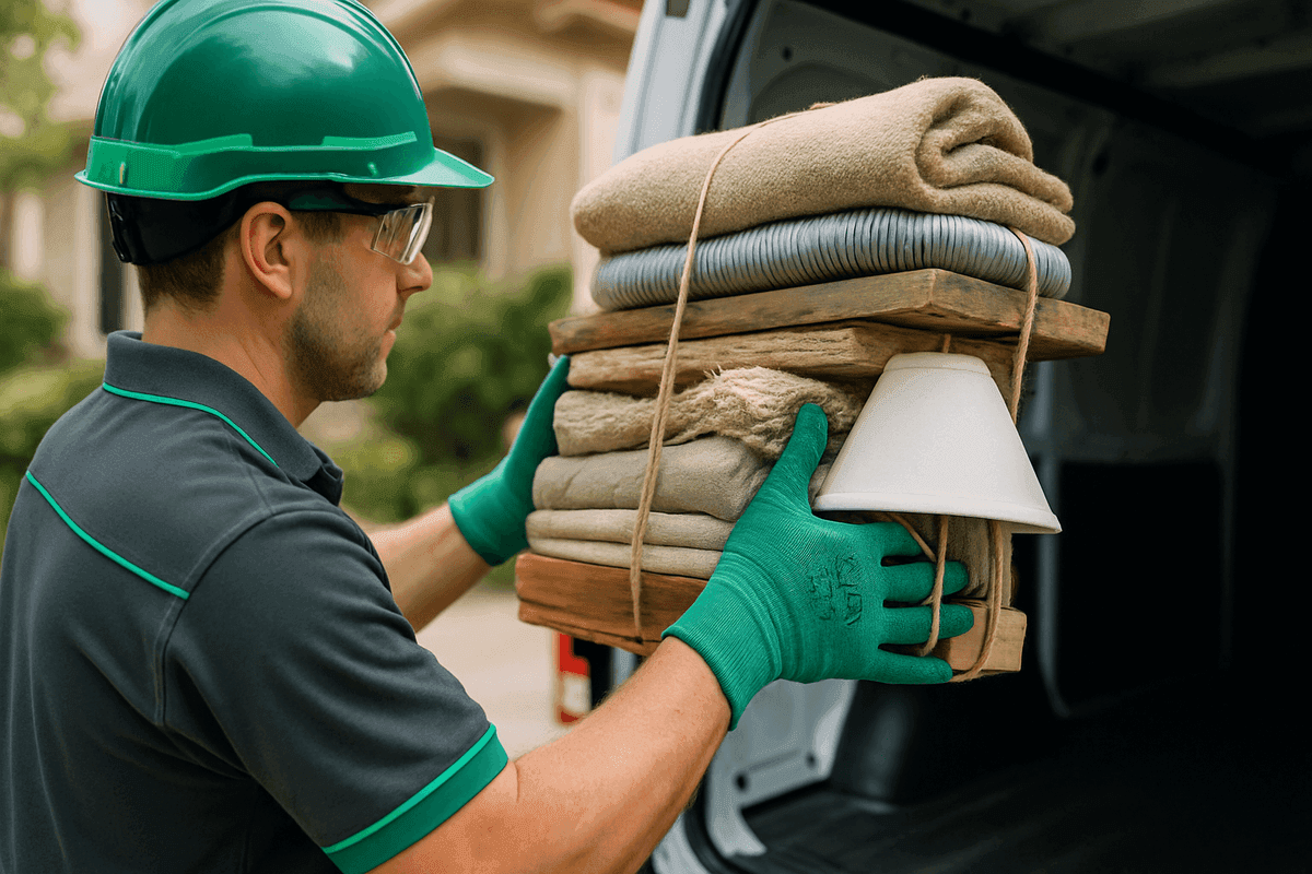 Close-up of gloved hands lifting bundled household items into clean junk removal truck